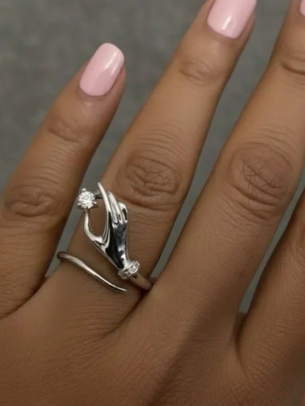 Art Deco Hand Ring 8 Silver CZ Boho Solitaire Retro Sz VTG Statement Sculptural